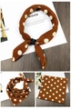 Detail view of dark brown polka dot square scarf with leather ring and flat layout - Caramel Polka Dot