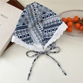 Blue geometric print cotton linen triangle scarf with white lace trim and ties - Navy Round Geometric