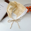Yellow cotton linen triangle scarf with white lace trim and geometric pattern - Block Yellow