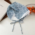 Light blue floral cotton linen neckerchief with white lace trim and self-tie straps - Block Blue