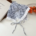 White cotton linen neck scarf with black geometric patterns and lace trim - Block White