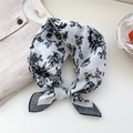 Chic floral cotton neck scarf in white with black flower print and striped borders - 20B Frame Flower Black