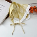 Ginger yellow cotton linen triangle scarf with white leaf print and lace trim - Bamboo Yellow