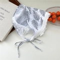 Lace cotton linen triangle scarf with black leaf prints and delicate bow detail - Bamboo White
