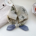 Floral cotton headscarf in beige with green leaf patterns and a purple bow tie - 23B Grass Flower Blue