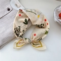 Light beige floral cotton square scarf tied in a bow with vintage daisy and leaf prints - 25B Red Flower White Daisy