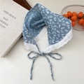Blue floral cotton bandana with white lace heart trim and adjustable ties - Leaf Blue