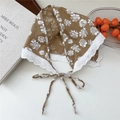 Vintage khaki cotton linen scarf with white floral print and delicate lace trim detail - Flower Camel