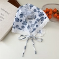 White cotton lace headscarf with blue floral patterns and heart-shaped lace edges - Flower White