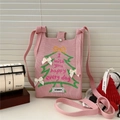 Dettaglio borsa a tracolla in maglia rosa con motivo a albero di Natale e fiocco - Albero di Natale con Fiocco