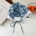 Navy floral cotton linen headscarf with white lace trim and adjustable ties - Flower Blue