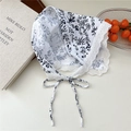 Floral cotton linen headscarf with black leaf pattern and white lace edge detail - Line Branch White
