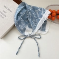 Blue floral cotton linen headscarf with white lace trim and adjustable ties - Line Branch Blue