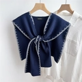 Detail of navy knit shawl with grey stitching and knot design on white shirt - Navy Blue (Grey Stitch)