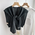Close-up of a dark grey wool knitted shawl featuring hollow wave texture on a white shirt - 43x100cm / Dark Gray