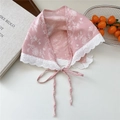 Pink cotton linen triangle scarf with white floral embroidery and lace trim detail - Sewing Flower Pink