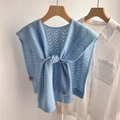 Close-up of light blue hollow-out knit shawl featuring V-pattern texture and tie detail - 43x100cm / Light Blue