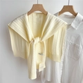 Detail of cream hollow knit shawl with intricate texture draped on a shirt - 48*95cm / Cream