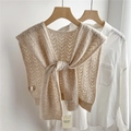 Detail showing beige 100% wool knit shawl with V-shaped hollow pattern and soft texture - 43x100cm / Beige