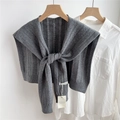 Detail of grey knitted shawl scarf featuring hollow vertical stripes and front tie design - 48*95cm / Gray