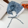 Blue floral cotton linen triangle scarf with white heart lace trim and tie strap - Sewing Flower Blue