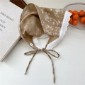 Brown cotton linen floral hair scarf with white heart lace trim and tie strings - Sewing Flower Camel