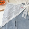 Detail of white floral embroidery lace mini skirt overlay with ribbon tie and mesh texture - Triangle Tie Wrap / White (Triangle Style)