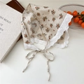 Floral cotton linen headscarf in light beige with delicate white lace trim and ties - Flower Cream