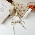 Beige floral cotton scarf with red flowers and white heart lace trim for hair styling - Flower Khaki