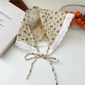 Beige floral cotton linen neck scarf with white lace trim and delicate tie strings - Lotus Khaki