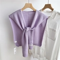 Detail of light purple hollow-out knitted shawl with stylish knot design on shirt - Purple