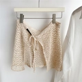 Detail of cream crochet knit mini skirt with open mesh texture and colorful speckles - One Size / Beige