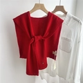 Detail of red wool knit shawl with elegant tie-knot draped on a white shirt - 43x110cm / Red