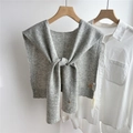 Detailed knit texture of light grey 100% wool shawl draped over a white shirt - 43x110cm / Light Gray