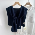 Close-up of navy blue 100% wool knitted shawl wrap showing soft texture and premium material - 43x110cm / Navy Blue