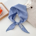 Blue and white plaid cotton linen scarf with decorative lace label in flat lay view - Denim Blue Small Gingham