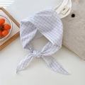 Light gray checkered cotton linen triangular scarf with delicate lace brand label edge - Cream White Small Gingham