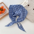 Blue and white plaid cotton linen neck scarf with decorative lace label detail - Dark Blue Medium Gingham