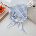 Blue and white checkered cotton linen neck scarf with decorative tag for women - Blue Plaid
