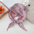 Pink and blue plaid cotton neck scarf with vintage frayed edges and lace tag detail - Distressed Pink Gingham