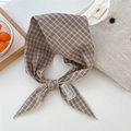 Brown checkered cotton neck scarf with delicate embroidered label in Japanese style - Camel Small Gingham