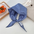 Blue and white checkered cotton linen neck scarf tied in a stylish triangular knot - Dark Blue Small Gingham