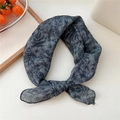 Grayish blue cotton linen square scarf with vintage floral print tied in a loop - Scarf Style / Large Leaf Grey