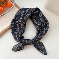 Navy blue floral cotton linen neck scarf with intricate white and orange flower patterns - Scarf Style / Flowing Flower Black