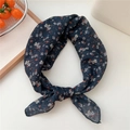 Navy blue floral cotton linen small square scarf with elegant tiny print patterns - Scarf Style / Plumeria Navy Blue