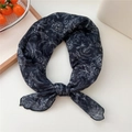 Elegant cotton linen square scarf with black and white rose floral print tied in a ring - Scarf Style / Large Leaf Navy