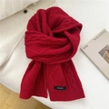 Macro shot of red 100% wool scarf featuring chunky cable knit texture and ribbed edges - 20*170cm / Red