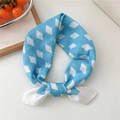 Blue and white rhombus pattern cotton linen hair scarf tied in a bow shape - White Rhombus Sky Blue Border