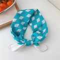 Lake blue cotton linen scarf with white diamond pattern tied in a decorative knot - White Rhombus Sea Blue Border