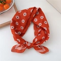 Orange cotton linen small square scarf with white daisy floral patterns in a bow knot - Three-frame Daisy Red